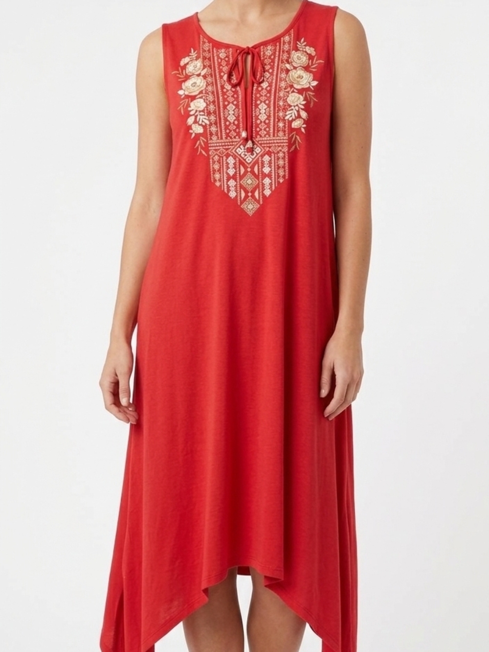 One World Sleeveless Red Embroidered Tie-Neck Dress 1X